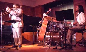 T.J. Martin, piano; Wycliffe Gordon, trombone; Bob Bowman, bass; and Ryan Lee, drums at Brownville Concert Hall [Photo by Tom Ineck]