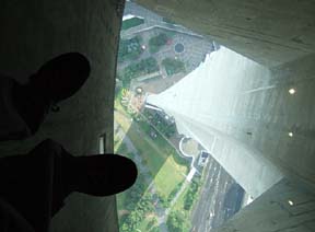 A scary view through the glass floor of the CN Tower in Toronto [Photo by Tom Ineck]