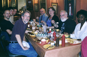 Members of the Doug Talley Quartet join Tom Ineck, Mark Radziejeski, Pamela Hatfield, Butch Berman and Grace Sankey Berman for dinner at Boss Hogg's in Topeka. [Photo by Rich Hoover]