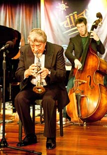 Pete Barbutti performs the comic routine "The 4th Trumpet." [Photo by Fran Kaufman]