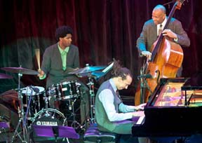 Drummer Justin Brown, pianist Gerald Clayton and bassist John Clayton of the Clayton Brothers band [Photo by Frank Kaufman]