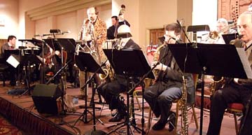 Scott Robinson, on tenor, takes a solo with the Nebraska Jazz Orchestra. [Photo by Tom Ineck]