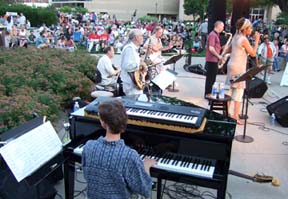 Angela Hagenbach Sextet plays to large Jazz in June crowd. [Photo by Tom Ineck]