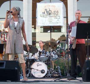 Angela Hagenbach, drummer Doug Auwarter and saxophonist Matt Otto [Photo by Tom Ineck]