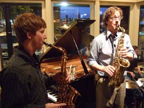Andrew Vogt (right) and Ben Strauss sit in with the Mark Sloniker group at Jay's Bistro in Fort Collins. [Photo by Tom Ineck]