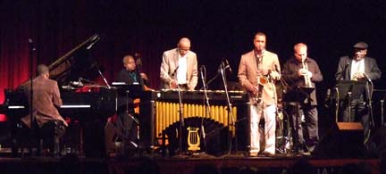 A Saturday evening all-star group included (from left) pianist George Cables, bassist Ray Drummond, vibraphonist Bobby Hutcherson, saxophonist Craig Handy, trumpeter David Weiss and saxophonist Bobby Watson, with Victor Lewis on drums. [Photo by Tom Ineck]