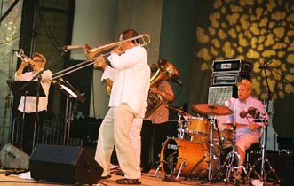 Drummer Ben Perowsky drives Brass Ecstasy. [Photo by Tom Ineck]