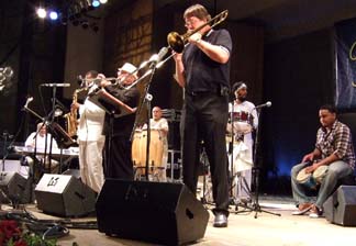 The Eddie Palmieri Latin Jazz Band, with saxophonist Donald Harrison, trumpeter Brian Lynch and trombonist Conrad Herwig [Photo by Tom Ineck]